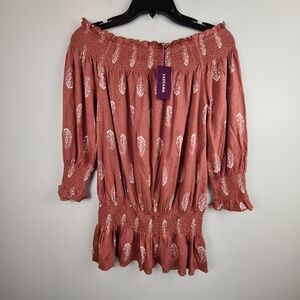 Lascana Smocked Off Shoulder Top Size 0/2 Apricot 3/4 Sleeve Boho Tropical Beach